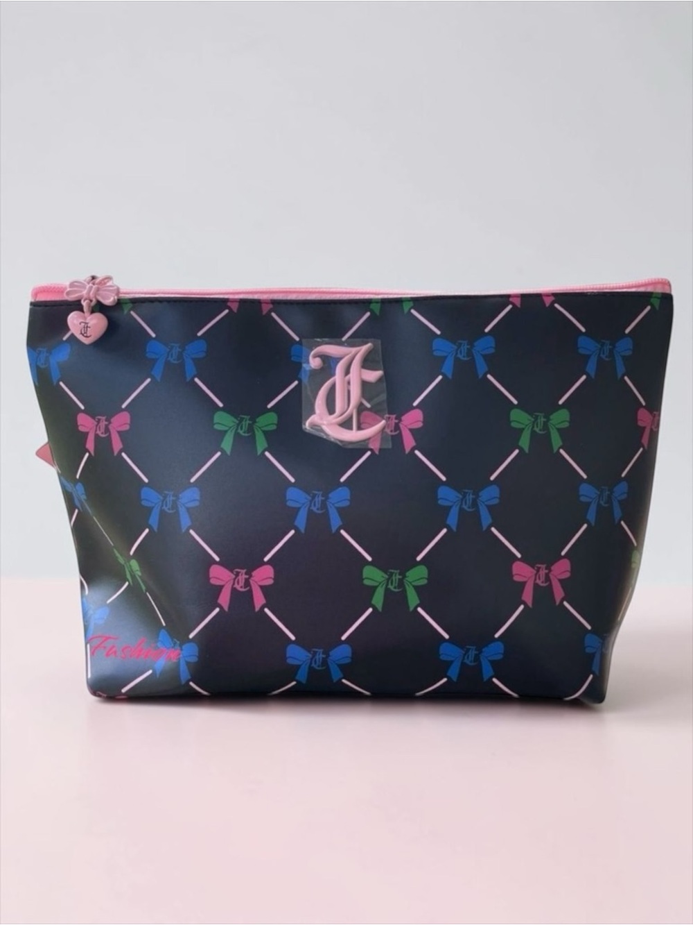 Juicy Couture Bow Print Cosmetic Bag Makeup Travel Case NWT Pink Logo Pouch